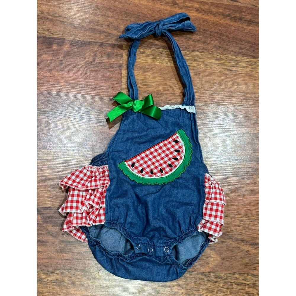 Marie Nicole - Denim Watermelon Romper with Red Gingham Ruffles